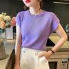 Summer O Neck Loose Ice Silk Knit Blouse Women Knitwear Fashion Solid Short Sleeve Shirt Casual Slim Lady Tops 27174