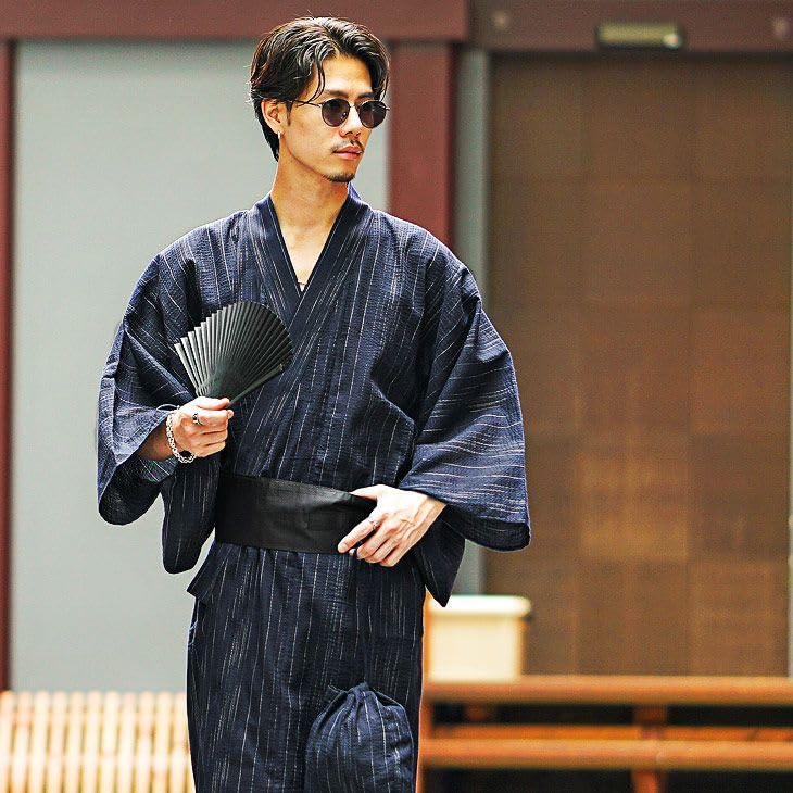 Yukata Obi Geta Drawstring Japanese Fireworks Summer Shingen Modern Indigo [Samdiff] "Ready-to-Use 5-Piece Set" Men's (sash), (wooden sandals), Fan,