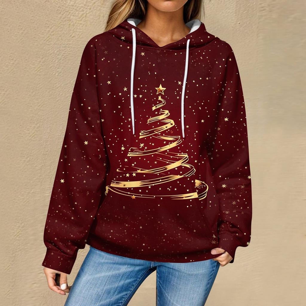 Женская повседневная мода рождественский принт длинный рукав пуловер толстовки с капюшоном свитшоты