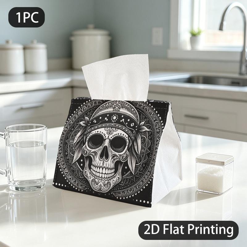 1pc Mexican Folk Ornate Skull Tissue Box Holder - Suitable for Nightstand, Sofa & Bedside Table Decor, Lightweight Washable Container with Bold Contra