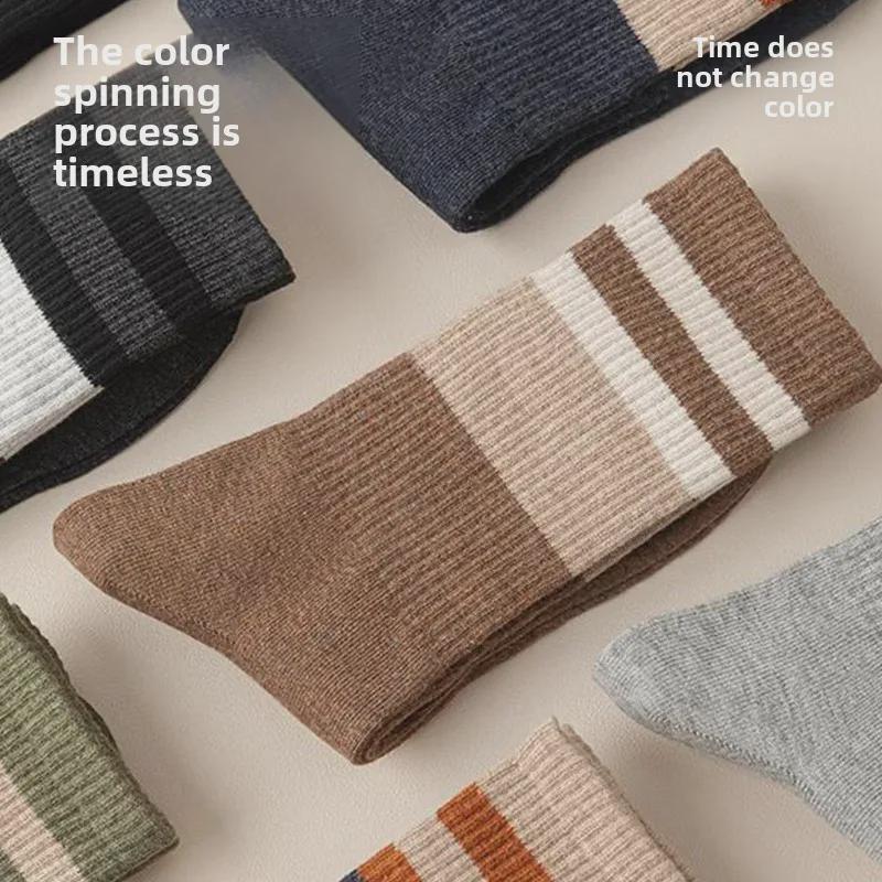 Мужские полосатые хлопковые носки средней длины — толстые, антибактериальные, дезодорирующие, теплые спортивные носки для осени и зимы