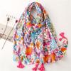Women's Bohemian Floral Print Scarf - Vibrant Colorful Flowers Lightweight Breathable, Decorative Fringe Ends for Beach, Casual Outings & Outdoor