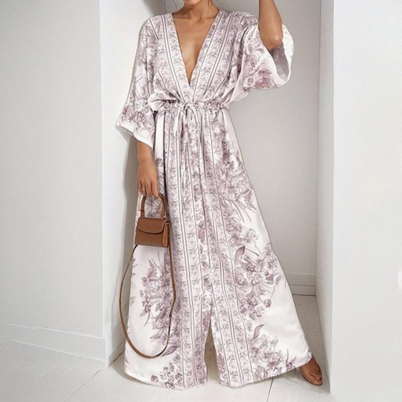 Весна Новое Для женщин Винтажный Принт Темперамент Элегантное Платье с V-образным вырезом и завязками