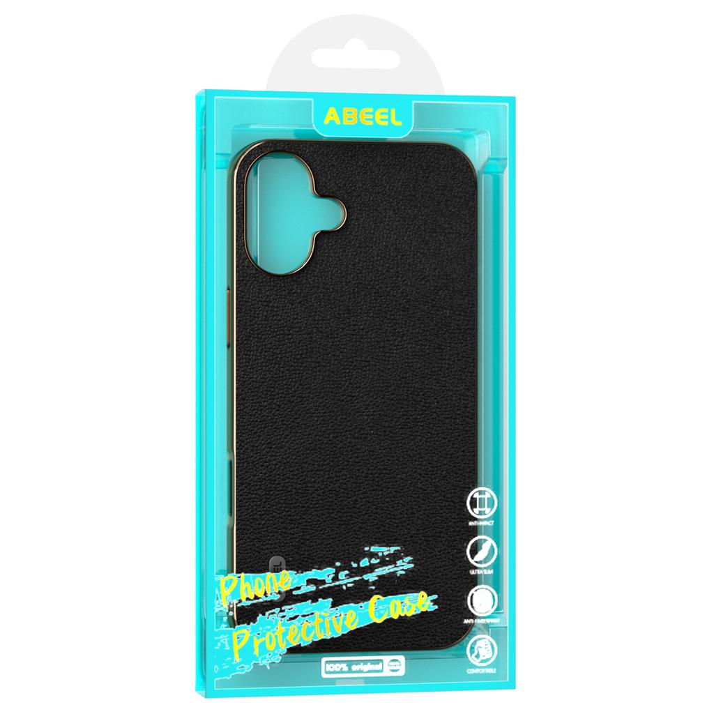 ABEEL For iPhone 16 Case Electroplating Edge Genuine Cow Leather Coated PC+TPU Phone Cover - Black