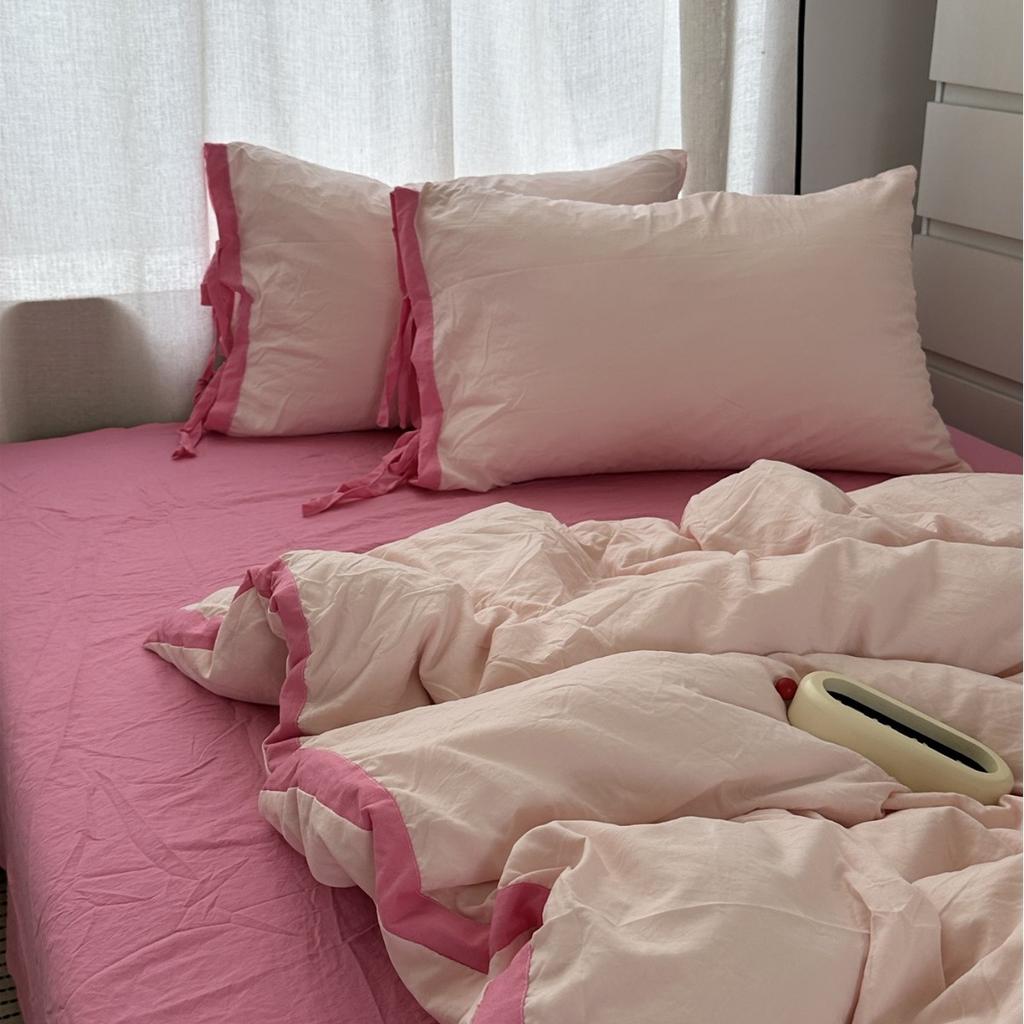 Girl Solid Color Simple Cream Powder Hemming Washed Cotton FourPiece Set Bed Sheet Student Dormitory ThreePiece Bed Hat