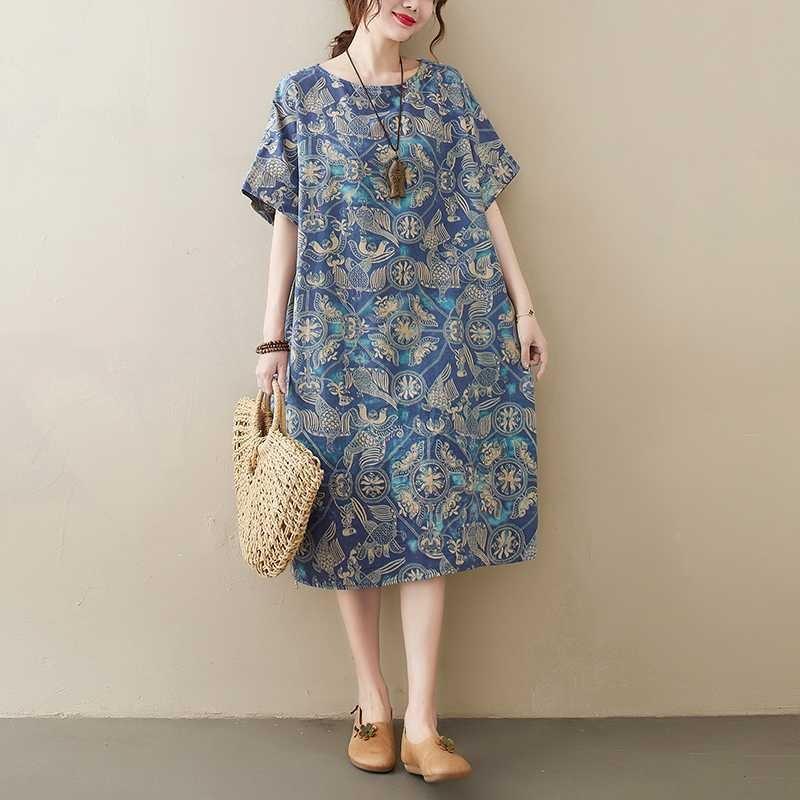 Женская одежда Литературное и ретро принт Хлопок и лен Платье с коротким рукавом Скрывающее полноту и стройнящее Свободное средней длины