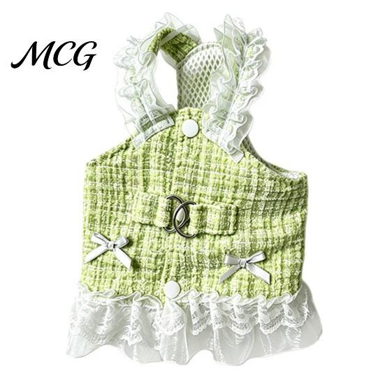 Dog Dress No Harness Needed Sleeveless Tweed Dress, Ruffled Pet with Lace Breathable Mesh Apparel Trim, Cute Summer for Small Dogs