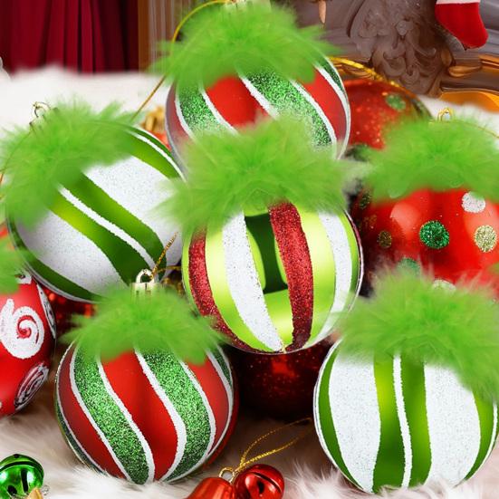 2.4 Inch Christmas Ball Ornaments with Fuzzy Green Hair Glittering Hanging Furry Elf Ball Decoration Red Green Plastic Ball Ornament