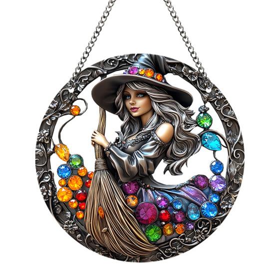 Halloween Witch Black Cat Hanging Sign 2D Flat Acrylic Broom