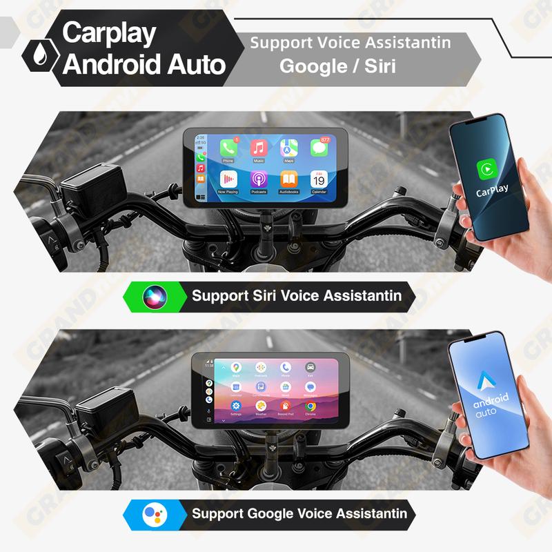 6.5" Motorcycle Smart Display Wireless CarPlay Android Auto Removable Bracket Portable IP67 Waterproof Bluetooth Monitor