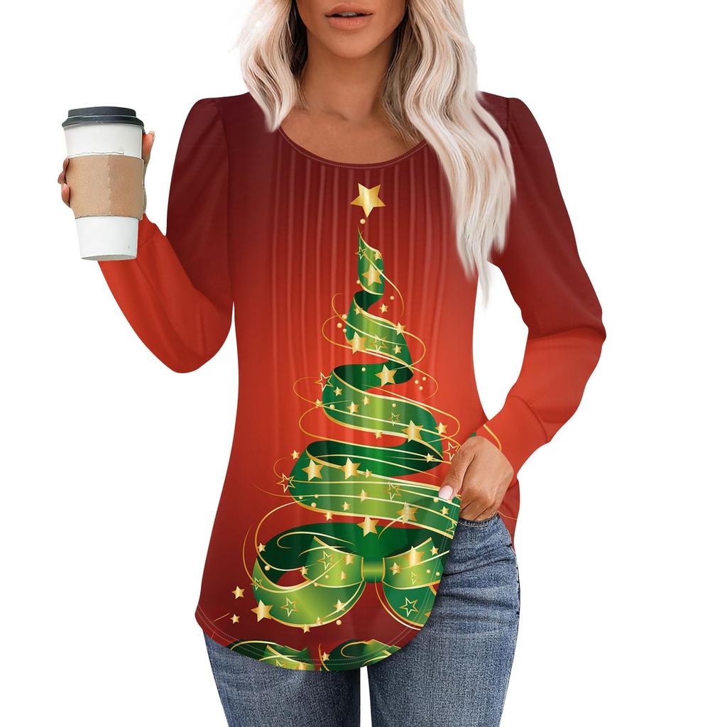Женская модная повседневная плиссированная футболка с круглым вырезом и рождественским принтом с длинными рукавами