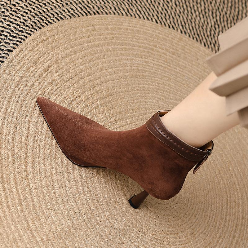 Мода 2025 Зима Новые Брендовые Женские Короткие Сапоги Модные Остроносые Женские Элегантные Ботильоны Тонкий Высокий Каблук Туфли-Лодочки для Платья Zapatos De Mujer