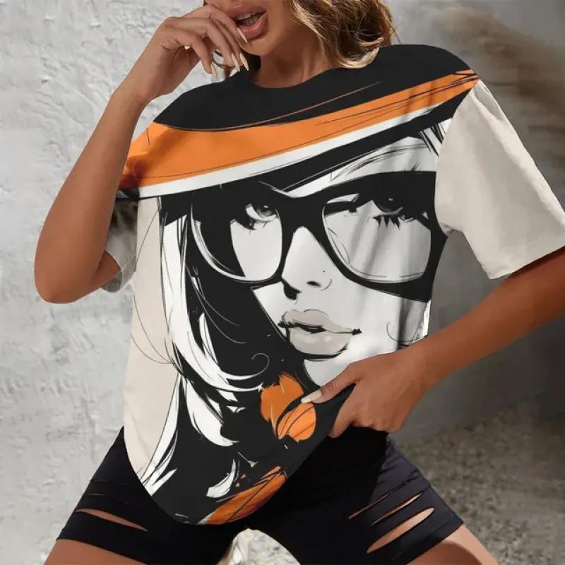 Летняя уличная повседневная и удобная повседневная женская футболка 2024 года, минималистичная футболка с круглым вырезом и короткими рукавами с принтом и портретом