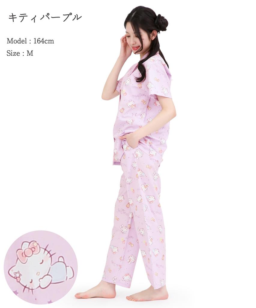 SAZAC Sleepy Hello Kitty Shirt Cotton Short Sleeve and Long Pants Set Pajamas, 100% Broadcloth, Women's (Purple/M/SAN1945)
