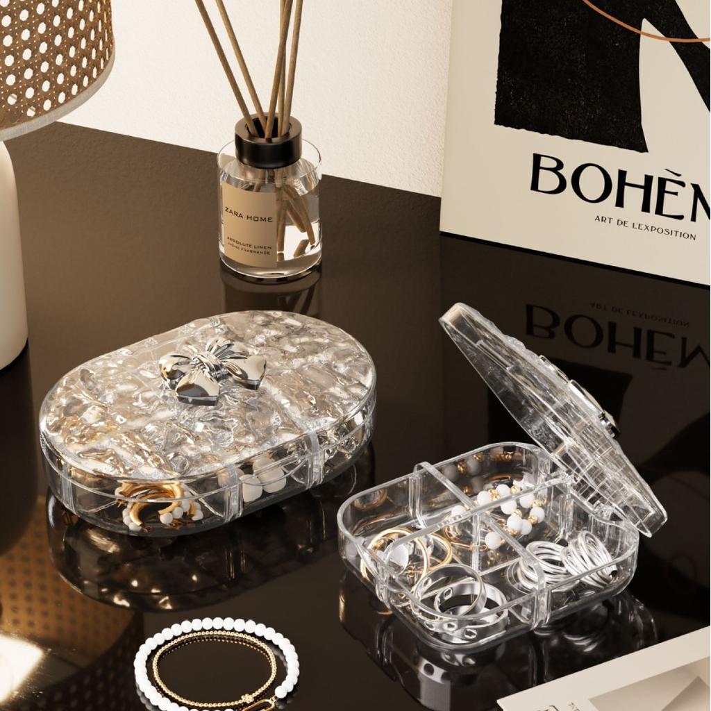Grid Storage Box Sealed Mini Packaging Box Transparent Organizer Dustproof Bow Jewelry Box For Dresser Travel Jewelry Display