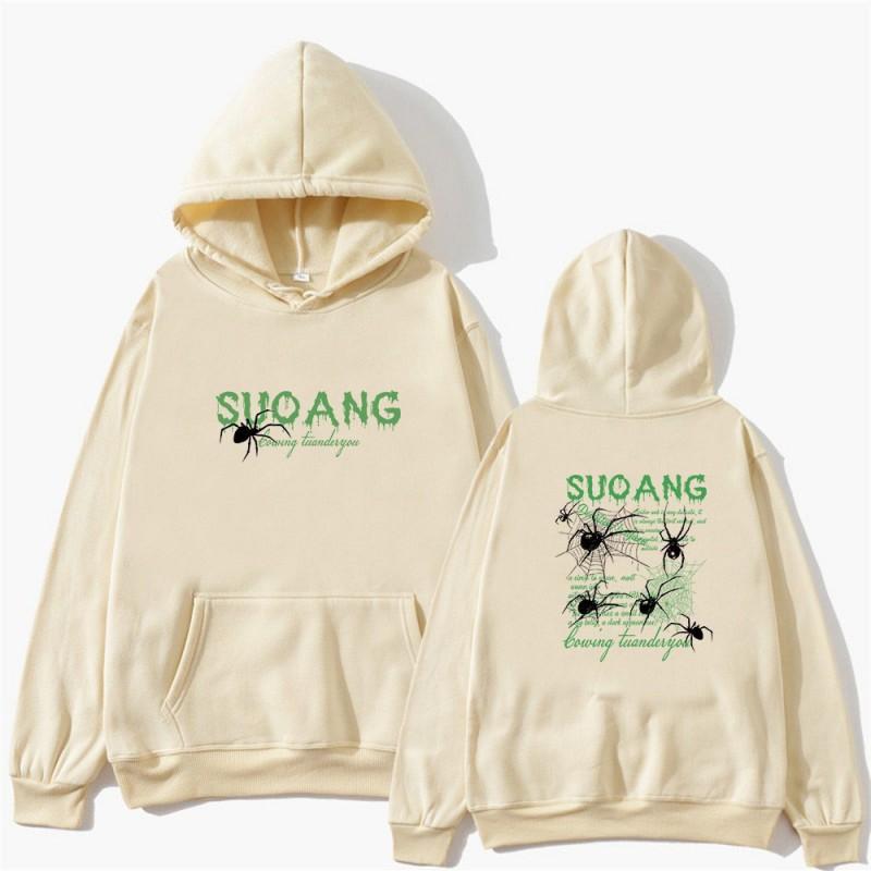 Mens Hooded Sweatshirt Spider Print Retro Streetwear Loose Fit Fall Winter