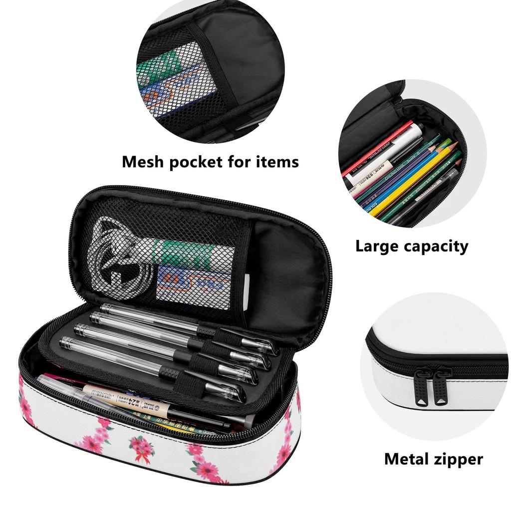 Pencil Case Printed 300D Polyester Zip Around Closure with Mesh Pocket Removable Divider and Pen Slots for School and Study