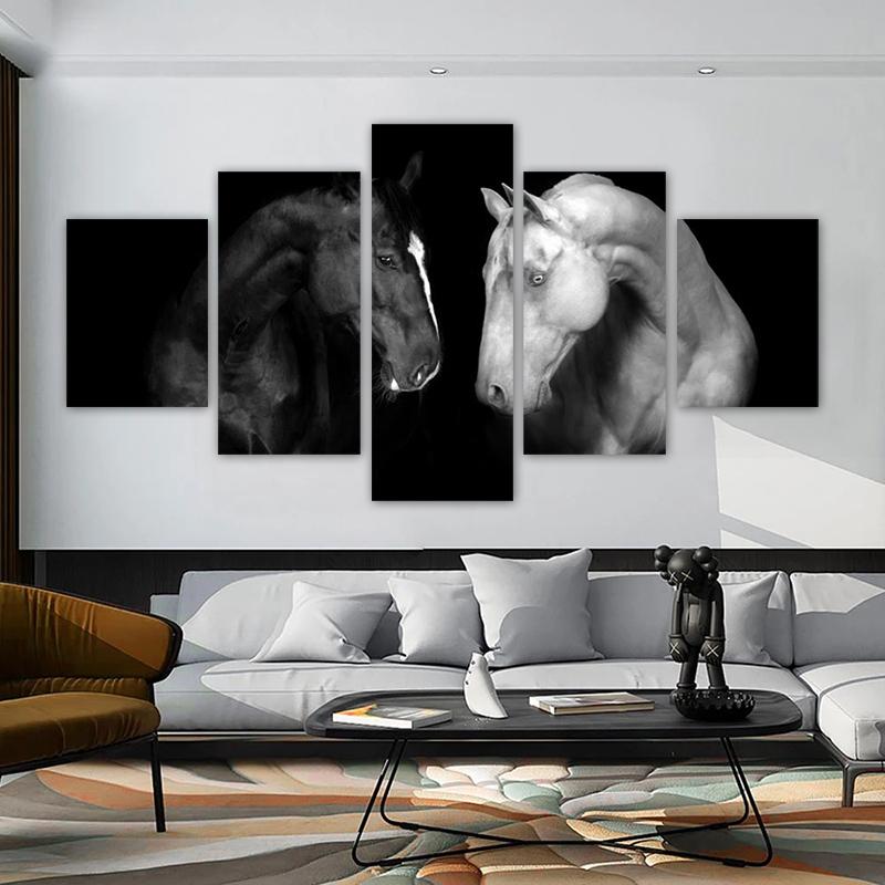 5 панелей, черно-белые постеры и принты с лошадьми, холст с изображением животных, современный домашний декор, настенное искусство для гостиной, БЕЗ РАМКИ