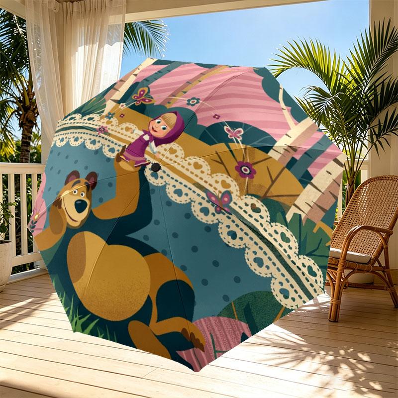 Masha and the Bear Print Automatic Open Close Umbrella, Portable Foldable Umbrella, for Outdoor Commute Camping Trip, Ideal Birthday Gift