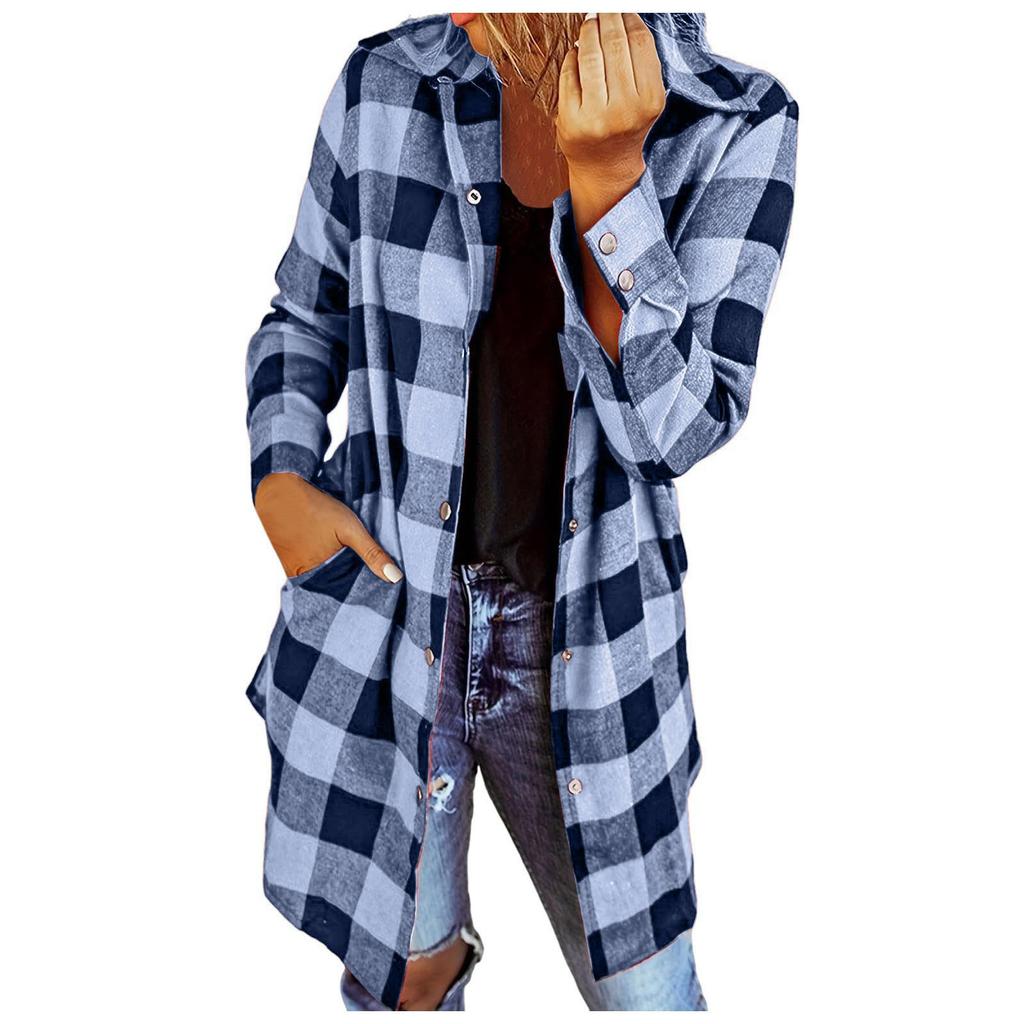 Модные женские повседневные карманы с решетчатым принтом и длинными рукавами, куртка, пальто