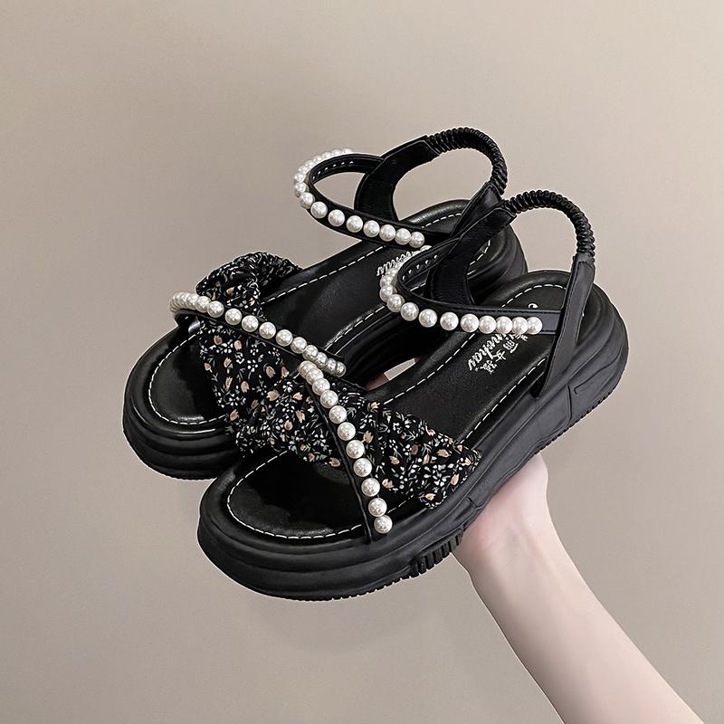 Sandals Flats Platform Casual Shoes Women New Fashion Beaded Ladies PU Leather Walking Shoes Open Toe Non Slip Zapatillas