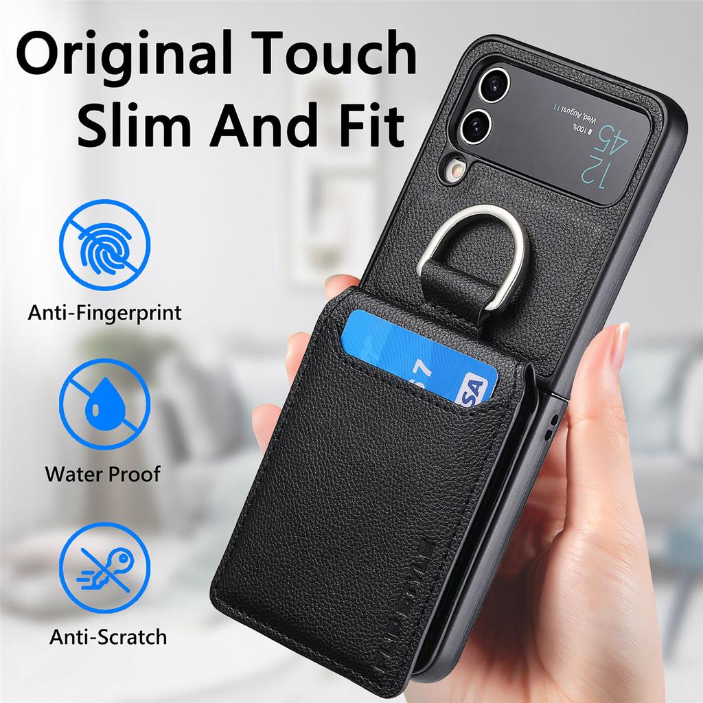 Card Slot Leather Ring Holder Case For Samsung Galaxy Z Flip 4 Flip3 Flip5 Flip4 Flip 5 3 Zflip4 Zflip3 Protective Cover Coque