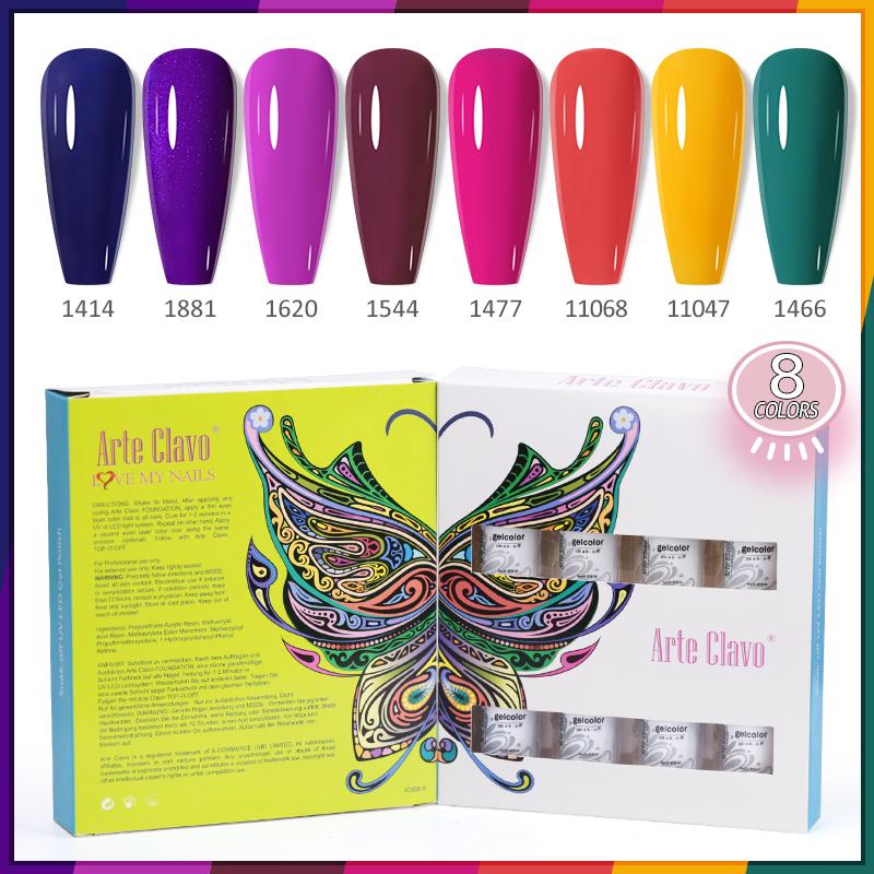 Arte Clavo 8 бутылок/набор, высококачественный блестящий гель-лак для ногтей для маникюра, гель-лак для дизайна ногтей, верхнее базовое покрытие, лак