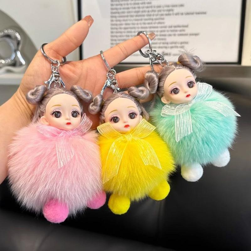 Cute Pompom Keychain Plush Ball Keyring Doll Pendant Key Holder Chain For Car Key Ring