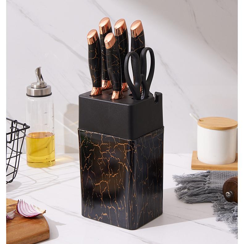 7pcs Kitchen Knife Sets Stainless Steel Chef Knife Bread Knife Marble Textured Handle Sets Tool Holder with Grinding Stone