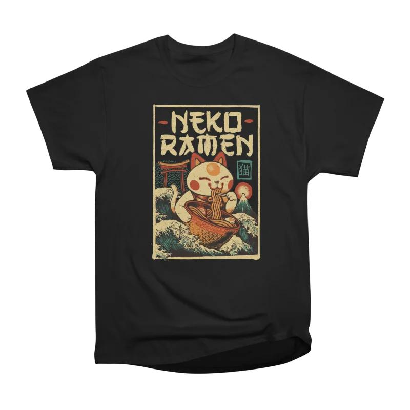 Men Casual Shirts Short Sleeves NEKO RAMEN CAT Black Tees Oversized T-shirts