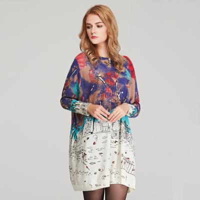 Весенне-осеннее женское вязаное платье размера плюс, вязаный свитер, свободный пуловер с принтом, свитер с длинными рукавами