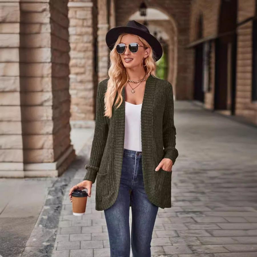 Autumn Winter Women Solid Color Pit Strips Jacket Coats Fashion Ladies Warm Clothing Casual Long Sleeve Cardigan Coat