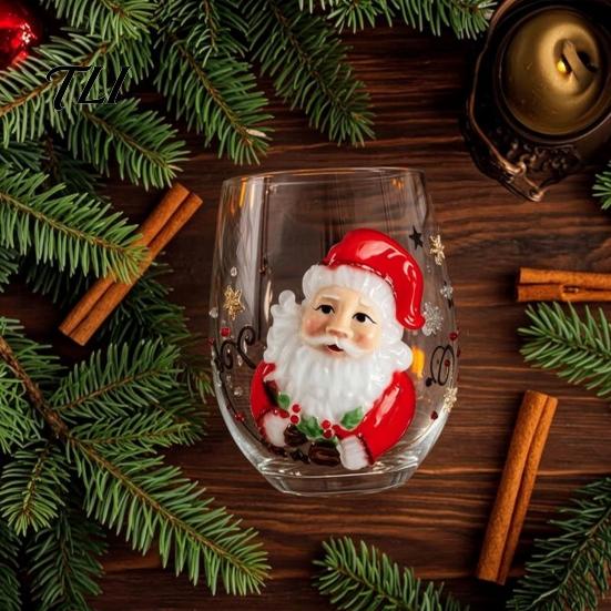 Durable Hot And Cold Drinkware Christmas Stemless Glass Cup, Santa Claus Decorative Drinking Glass, 3D Mug Transparent Water for Seasonal Party