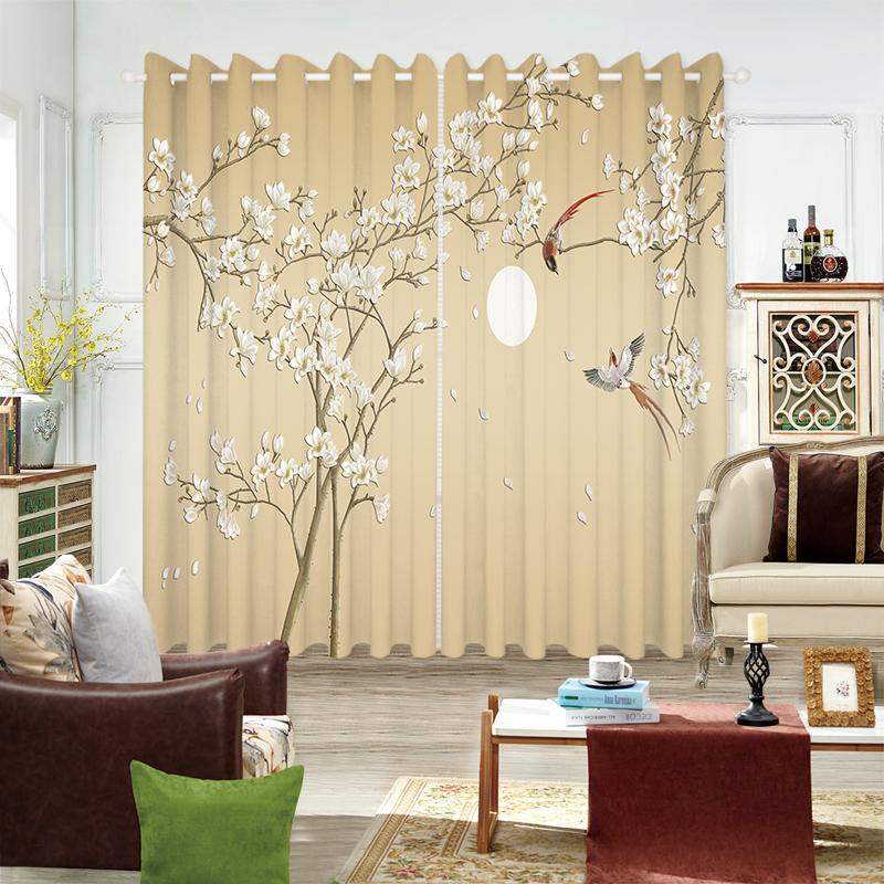 2-панельная китайская занавеска с рисунком дерева, луны, цветов, бабочек, птиц, занавеска для спальни, гостиной, окна от пола до потолка