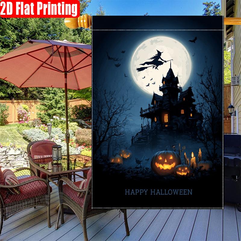 2D Flat, 2D Flat,1pc Halloween Witch Flying Pumpkin Bat Moon Castle Print-double Sided Garden Flag, Outdoor Decoration, Lawn, Flag Only, , 2D Flat Pri