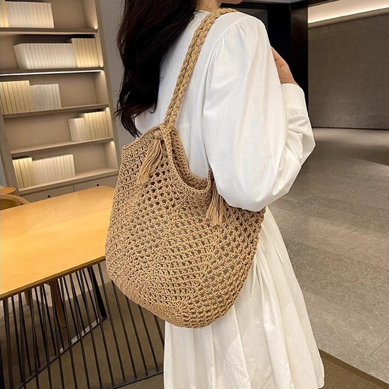 Casual Large Capacity Commuter Cotton Woven Bag Hollow Straw Bag Lazy Style Beach Vacation Shoulder Bag for Women