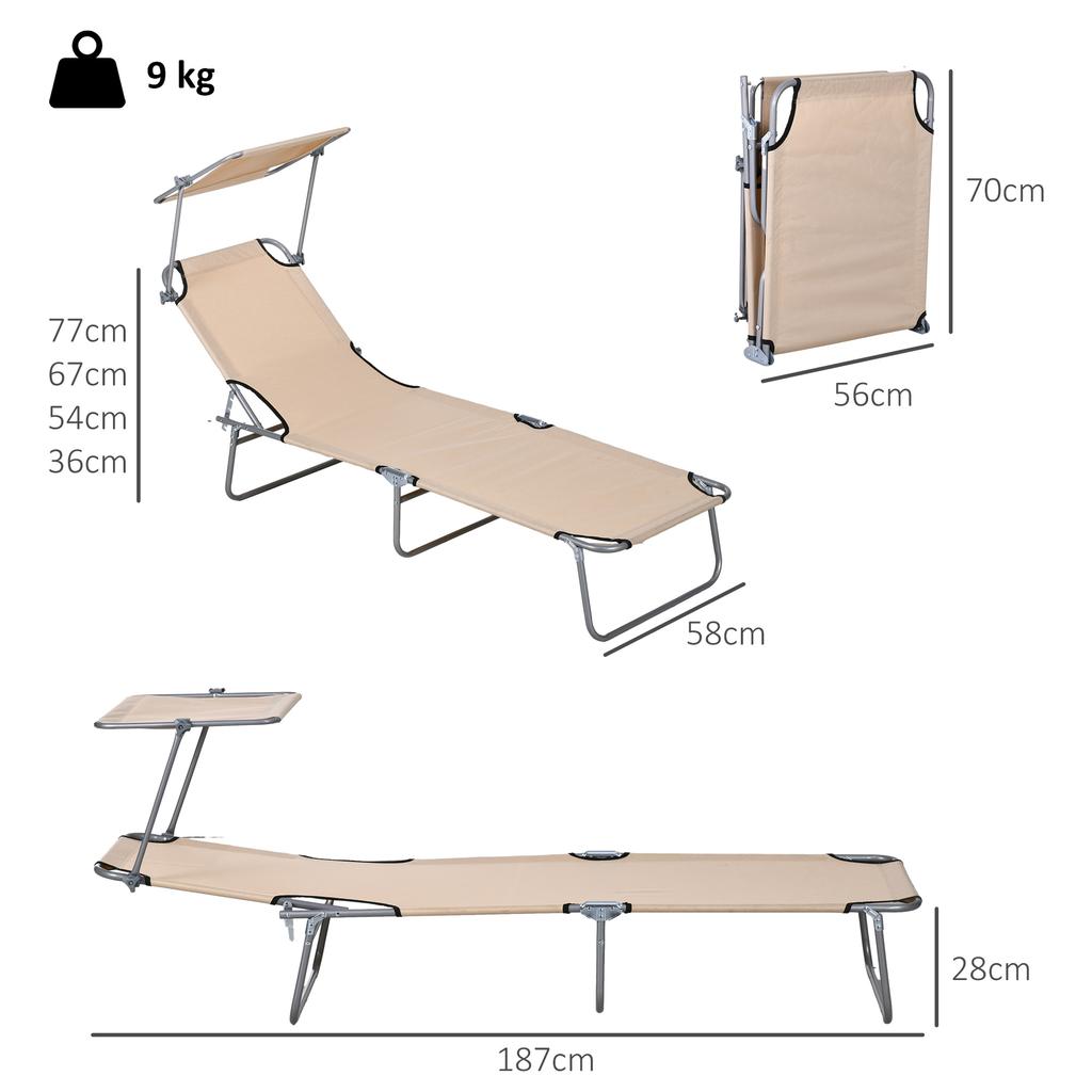 Folding Sun Lounger Set Of 2 With Canopy Reclining Sunbed With 4 Position Adjustable Backrest 600D Oxford Cloth