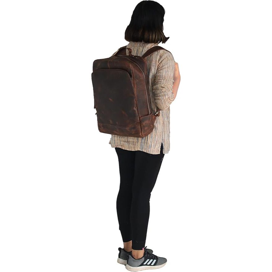 16" Brown Buffalo Leather Backpack Vintage Rucksack Water Resistant Casual Daypack College Bookbag Travel Hiking