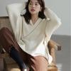 Пуловер в Корейском стиле, свободный свитер, женская осенне-зимняя верхняя одежда, пуловер ярких цветов, топ с v-образным вырезом, однотонный вязаный свитер с длинными рукавами, пуловер