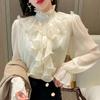 Ruffles Lace Women Blouse Elegant White Woman Shirt Stand Collar Button Chiffon Shirts Long Puff Sleeve Fashion Loose Tops 12946