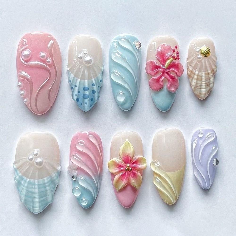 24pcs/set French Almond False Nail Pink Flower Fake Nail Tips New Press on Nails  Women