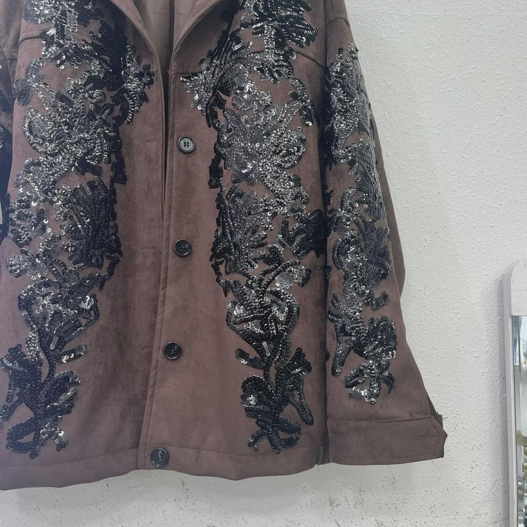 2024 Women's Brown Leather Jacket with Heavy Sequin Embroidery - Cool Motorcycle Style