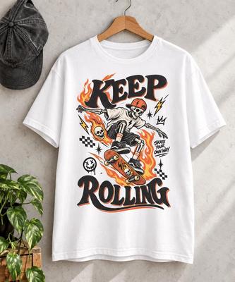 Keep Rolling Skeleton Skateboard Graphic Tee