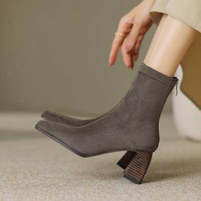 Зимние эластичные ботинки из флока с квадратным носком на толстом высоком каблуке и молнии, женские ботильоны