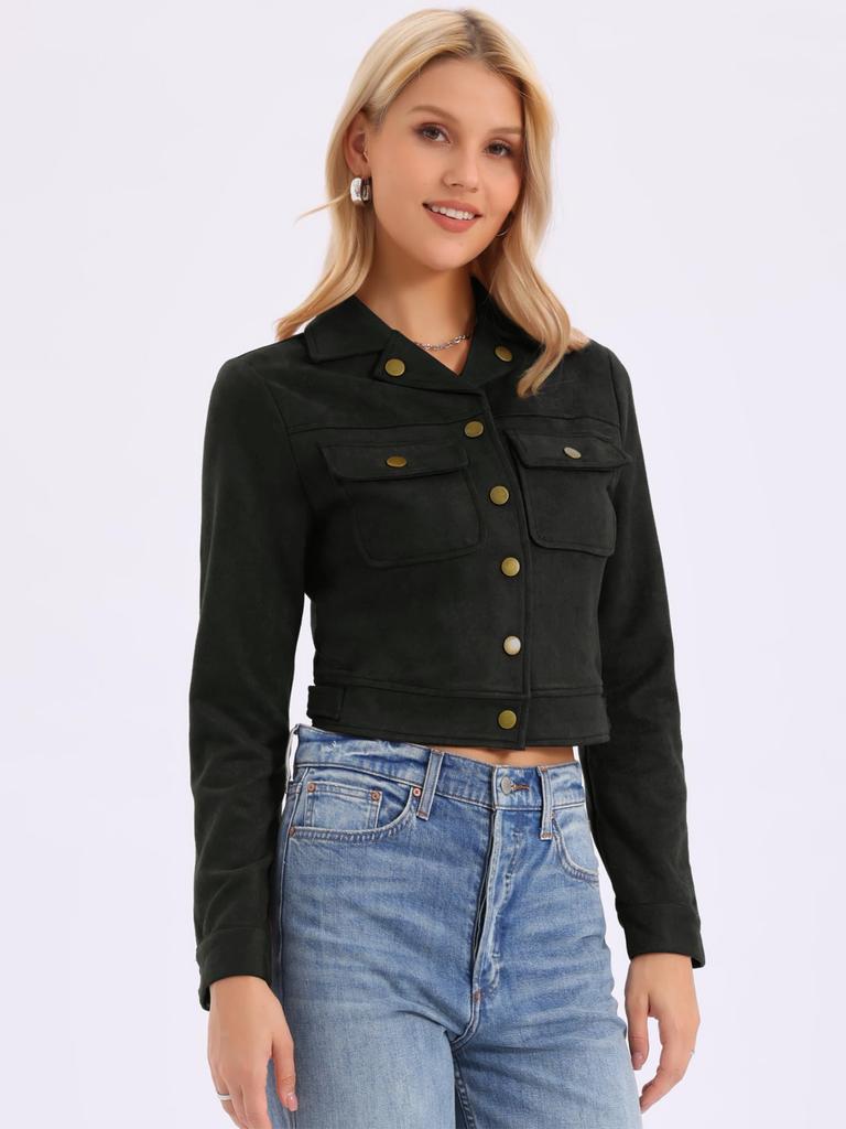 Allegra K Women's Cropped Jacket, Faux Suede, Fold-Over Collar, Button Pockets, Black, Size XL