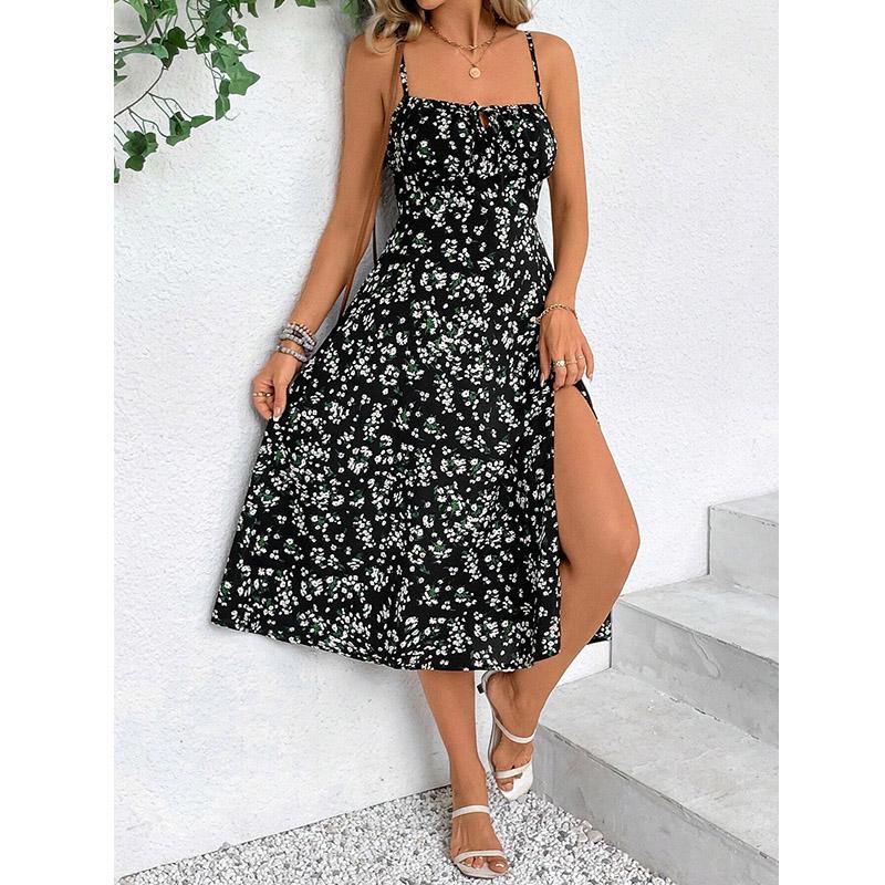 Летние женские платья для отдыха Slim Fit без рукавов с высокой талией, длинное платье А-силуэта с цветочным принтом и разрезом