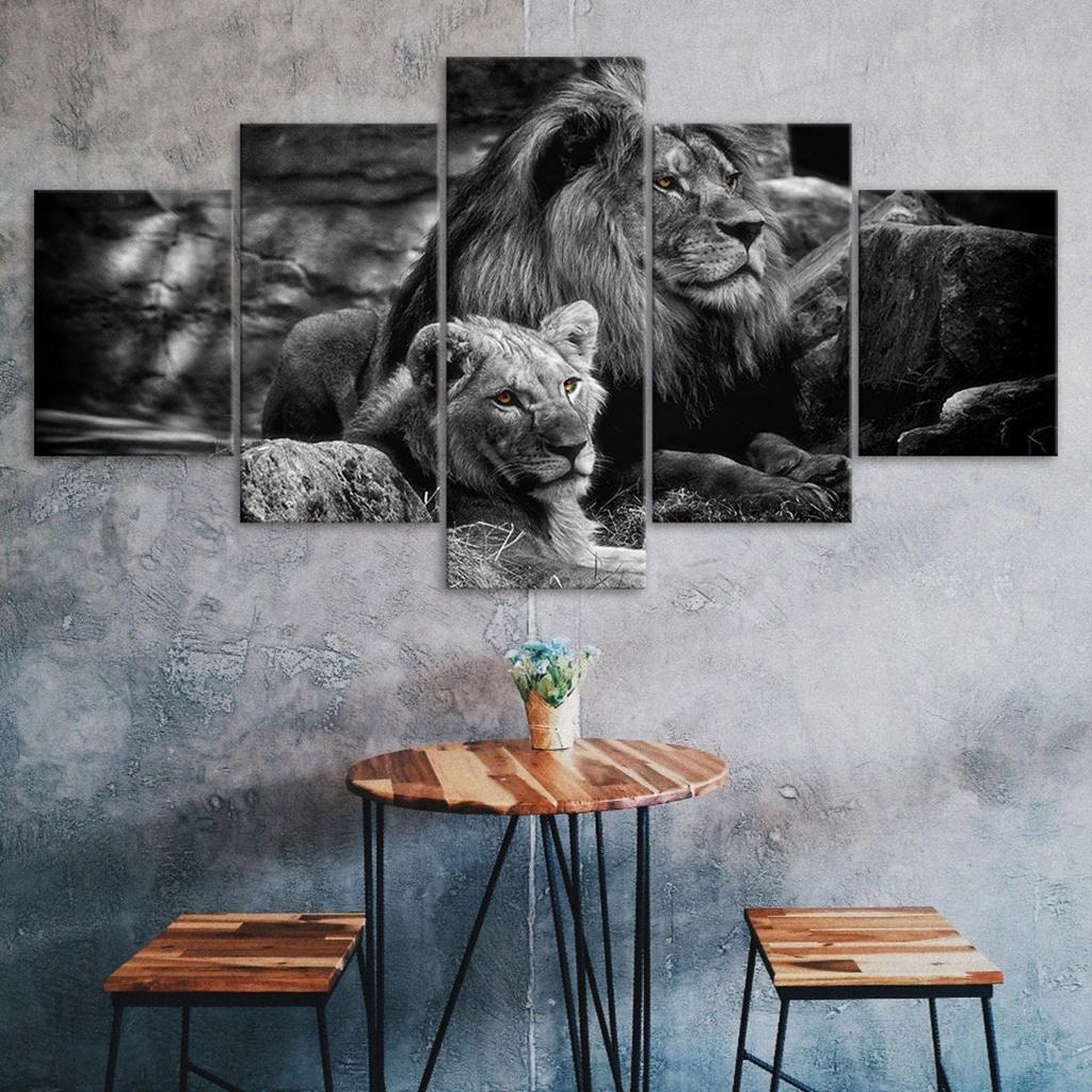 Lion Family Animal Couple White Black Scene 5 Piece Five Panel Wall Canvas Print Modern Art Poster Home Decor Gift For Him For Her