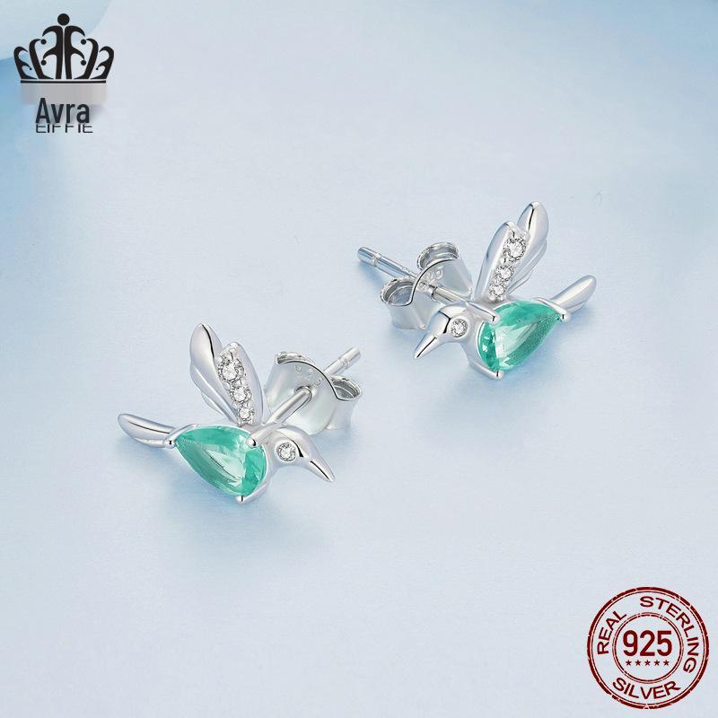 Серьги-подвески из стерлингового серебра 925 пробы в виде капли светло-зеленого цвета и колибри