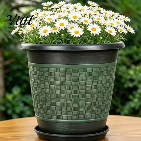 Flower Pots with Drainage 12" Planter Pot Saucer, Thickened Plastic Anti-Aging Large Garden Containers Holes, Woven Texture, Plant for Indoor