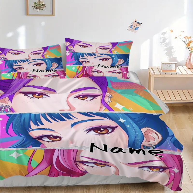 Custom Name kpop cartoon Girl Bedding 3 Piece Set HD Print Duvet Cover Pillowcases for Teens Adult Bedroom Decoration